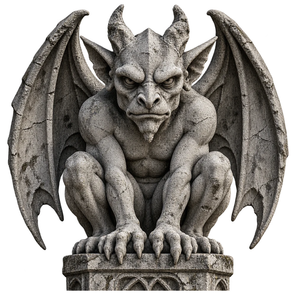 Weathered gray stone gargoyle with raised wings